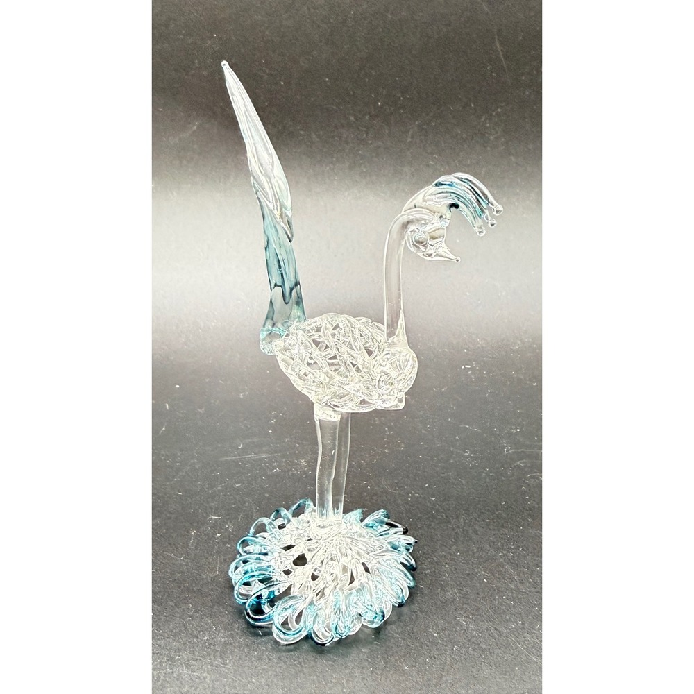 Vintage Hand Blown Spun Glass Bird Figurine Blue Clear Art Glass Ostrich Crane
